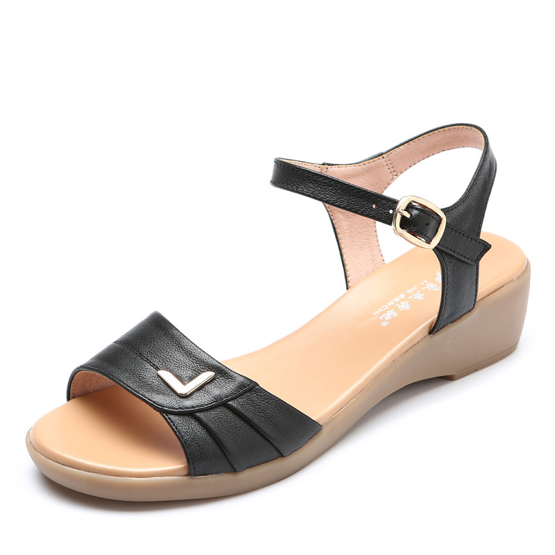 Dép sandal nữ đế bằng da thật mềm mùa hè — Màu đen