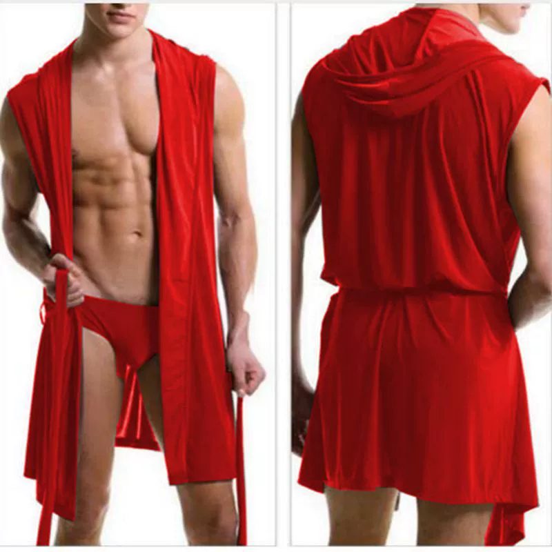 Sleeveless silky bathrobe for men, European style hooded robe, lightweight summer loungewear
