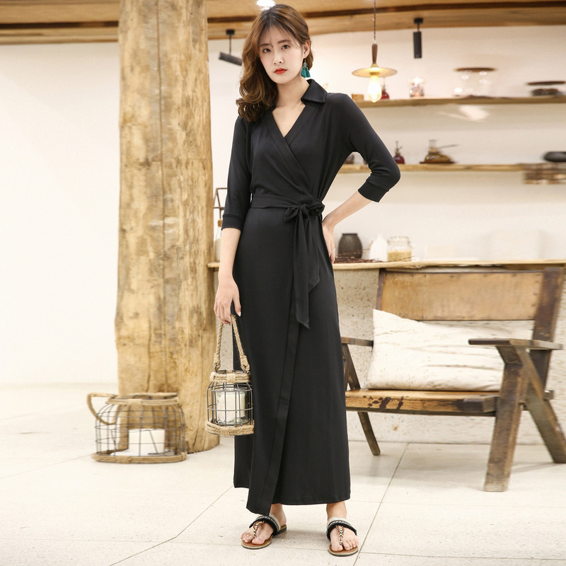 European and American Clothing Pure Color Fashion Slim Long Three-Quarter Sleeve Wrap Dress Women's Pg Dvf2025 Summer New Style