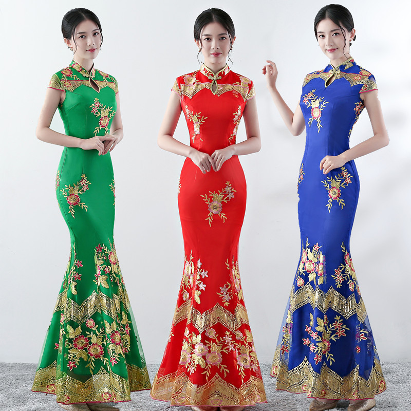 Stage catwalk fishtail cheongsam will play plus size Jingying colorful embroidered long dress wedding festival ceremony welcome back to the door