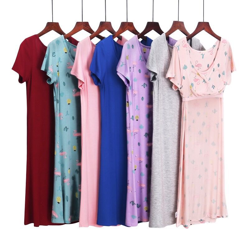 Spring and Summer Modal Short-sleeved Nightgown with Chest Pad Pajamas Bra-free All-in-one Home Wear Outer-length Dress