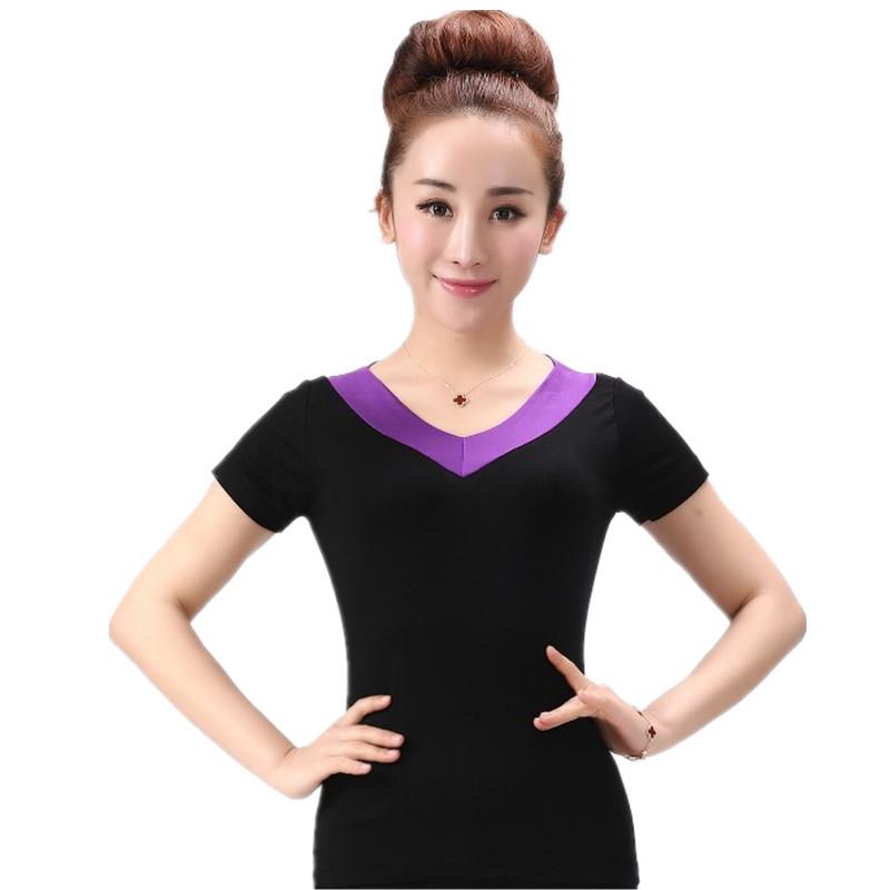 퍼플 브이넥 반소매