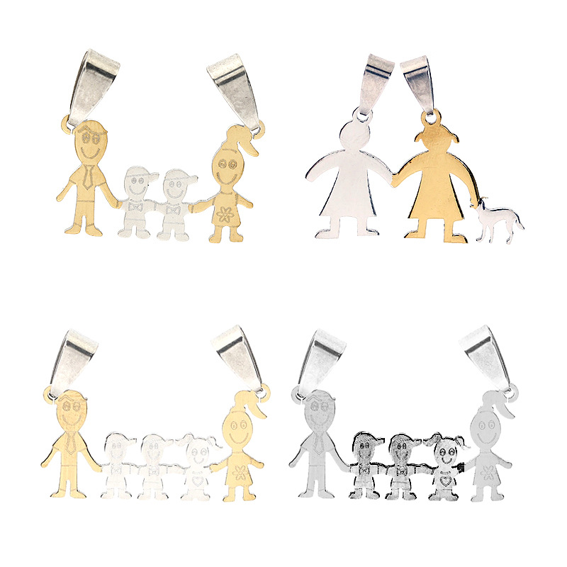 Promoción de liquidación de acero inoxidable joyería par brillante colgante familia serie dibujos animados familia colgante en stock