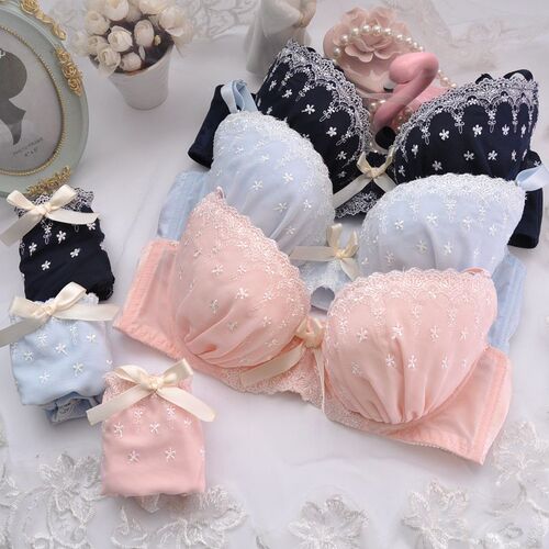 Japanese three-color chiffon embroidered thin cup girl cute push-up sexy underwear set bra set with DE code