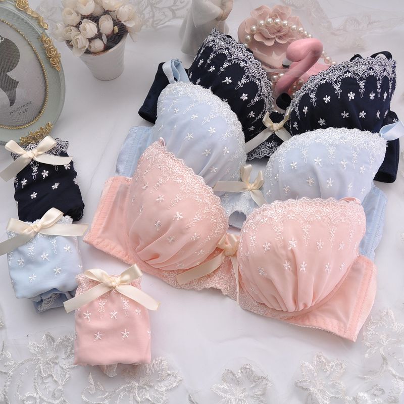 Japanese Tricolor Chiffon Embroidered Thin Cup Girls' Cute Gathered Sexy Underwear Set Bra Set with DE Size