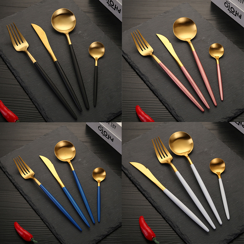 Portugués ins Internet celebridad vajilla occidental 304 vajilla de acero inoxidable Chapado en titanio principal cuchara principal tenedor filete cuchillo postre