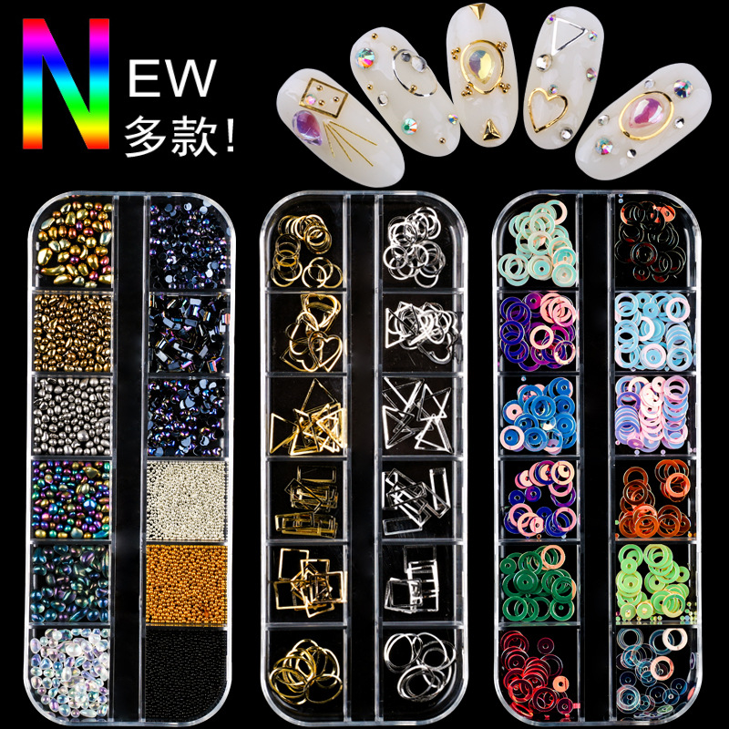 Nail Art variety of 12 box mixed rivet Jewelry Diamond Magic color Pearl Rhinestone color diamond sequins nail accessories chain