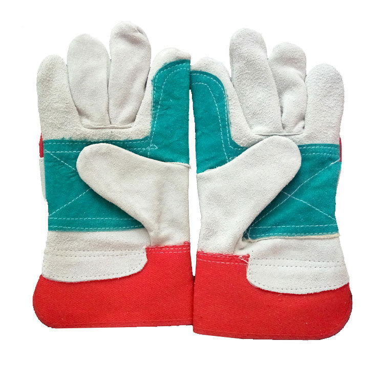 二层牛皮红棉帆布半皮加托短款电焊手套内加衬蓝色皮加托焊工手套