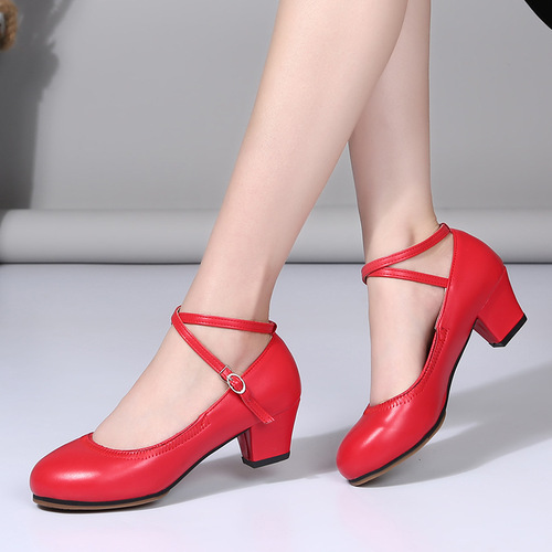  Spring and Summer Square Dance Shoes Women's Red Soft Sole Dance Shoes Mid-Heel Teacher Performance Dance Practice Ballroom Dance Shoes