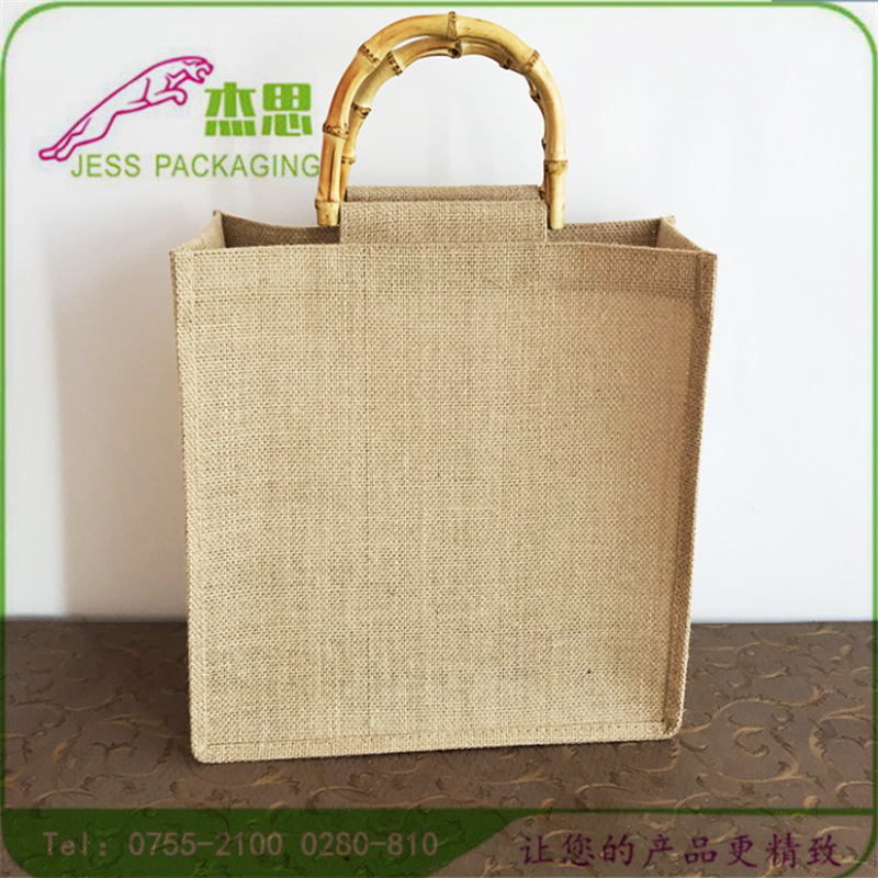 设计新款黄麻布收纳袋粗麻手提包竹把大容量购物包量大从优