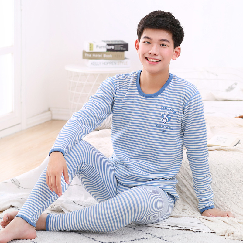 라운드 넥 기모 스트라이프 하늘색 로고