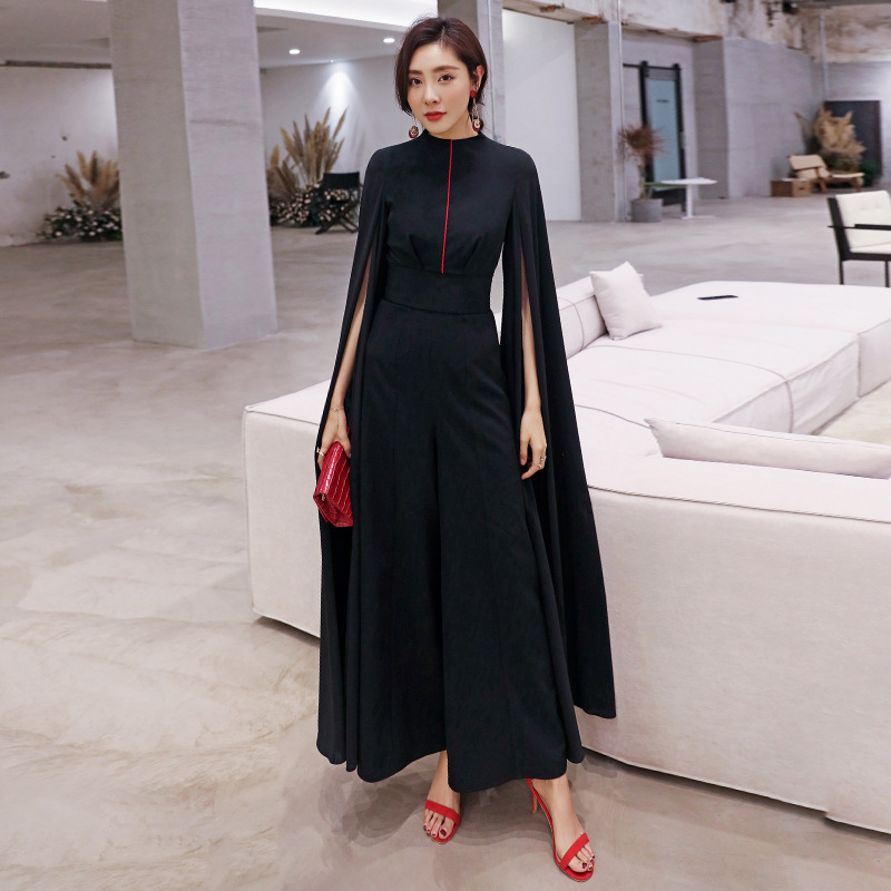 Yi Ge La early spring black retro fashion socialite slimming shawl sleeve high waist wide leg jumpsuit 5819