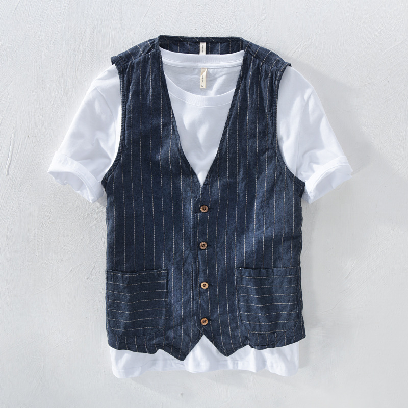 Factory direct supply summer men's shirt Tide men's cotton and linen striped vest loose men's a generation of hair