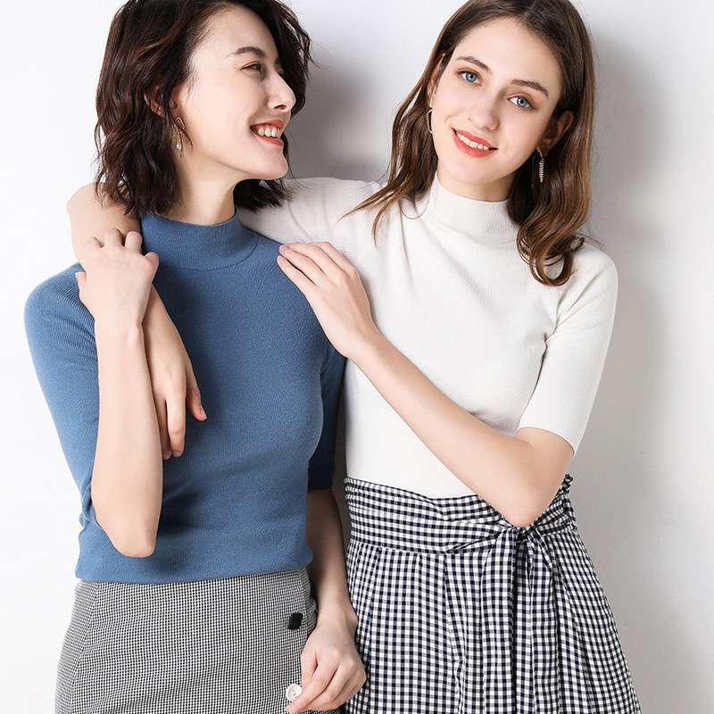 New Short-Sleeved T-Shirt Women's Pullover Half Turtleneck Top Thin Sweater Mid-Sleeve Slim Tight Three-Quarter Sleeve Short Knitted New Short-Sleeved T-Shirt Women's Pullover Half Turtleneck Top Thin Sweater Mid-Sleeve Slim Tight Three-Quarter Sleeve Short Knitted