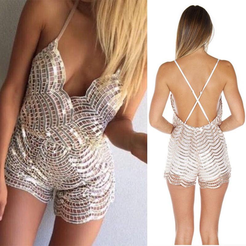 Aliexpress Amazon Beach Shorts European and American Foreign Trade Cross-Border Women's Sexy Strap Silver Sequin Jumpsuit Shorts
