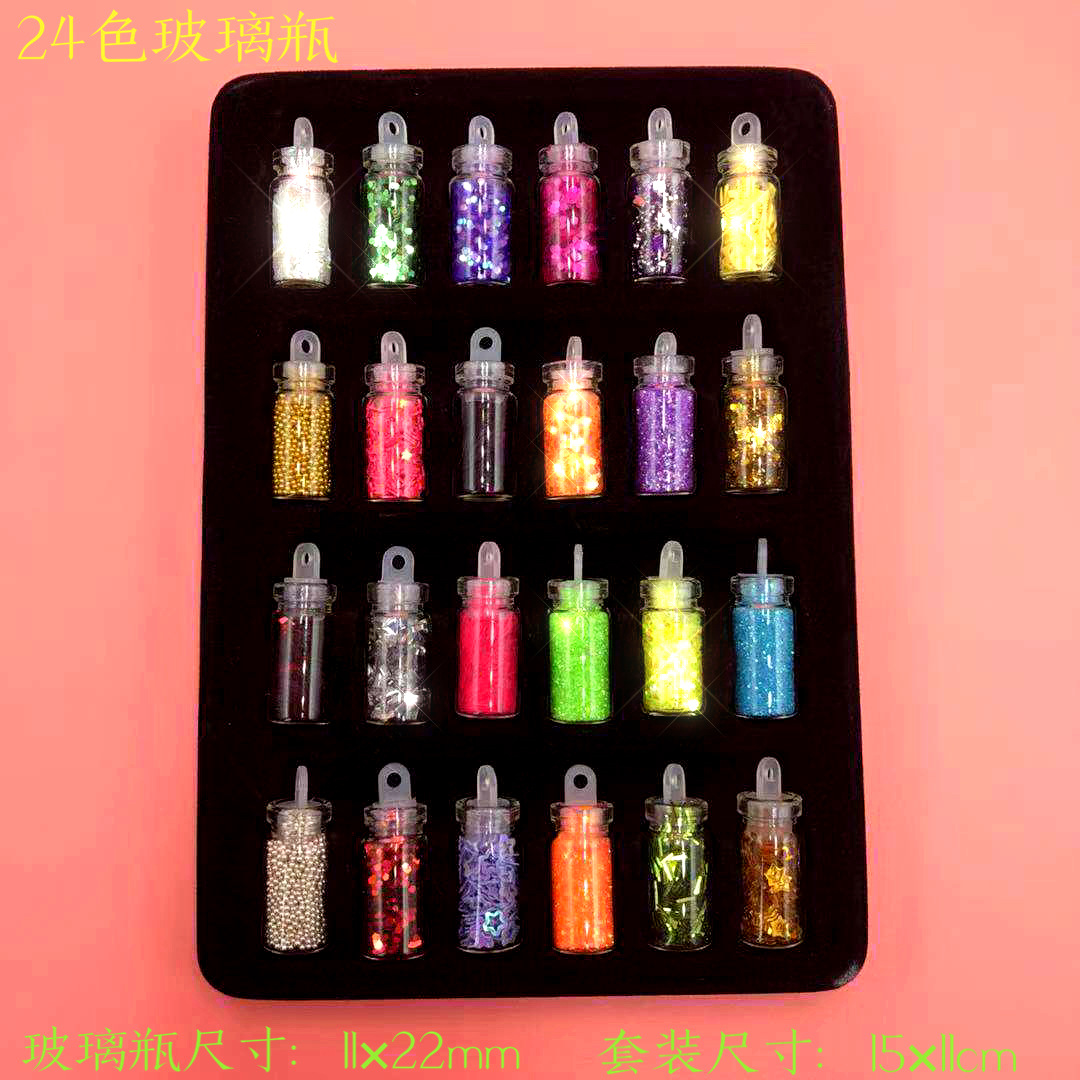 Directo de fábrica 24-color botella de vidrio brillo lentejuelas hexagonal joyería de uñas paquete de material de relleno Delgado