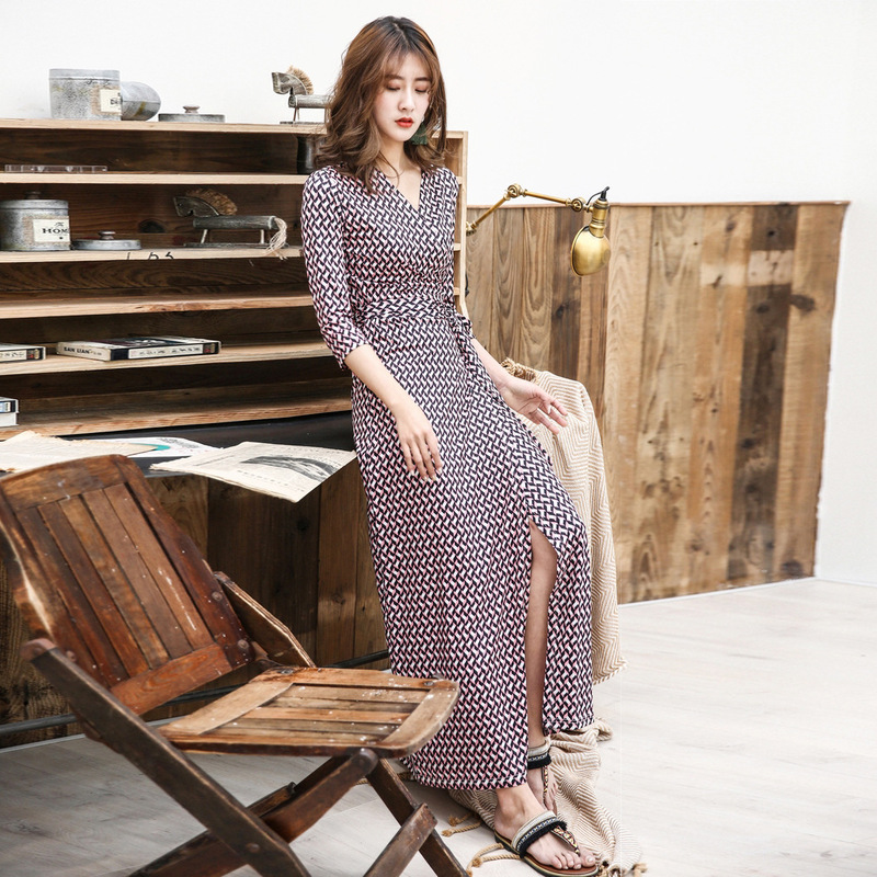 Printed Dress Floral Long V Neck Slim Fit Mid-Sleeve Long Skirt Women's Pgdvf2025 Summer New Style Printed Dress Floral Long V Neck Slim Fit Mid-Sleeve Long Skirt Women's Pgdvf2025 Summer New Style