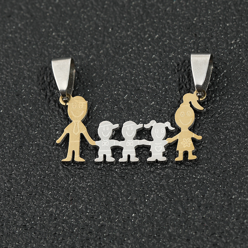 Promoción de liquidación de acero inoxidable joyería par brillante colgante familia serie dibujos animados familia colgante en stock