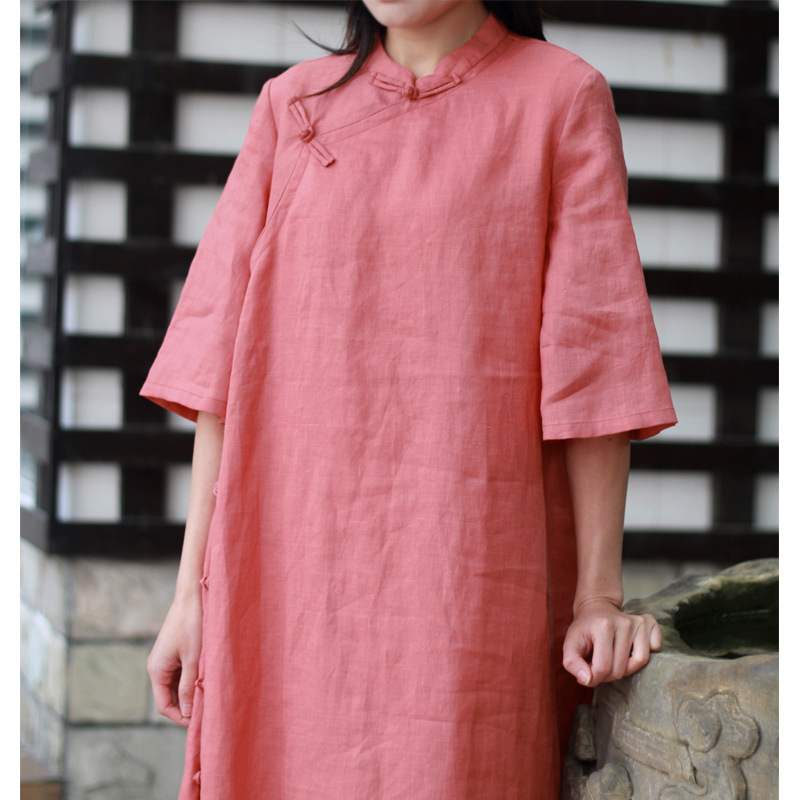 春夏苎麻改良倒大袖旗袍连衣裙中式盘扣立领中袖长裙民国190303