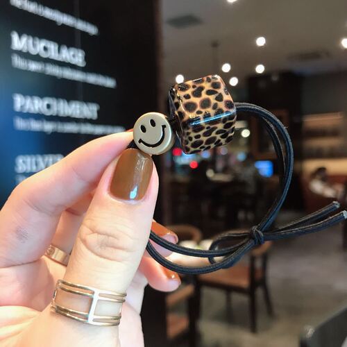 Leopard print acrylic square smiley face high elastic head rope temperament bun hair loop rope