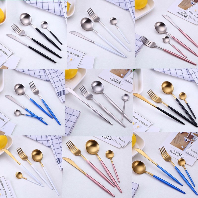 Portuguese 304 Stainless Steel Knife and Fork Spoon Gold Plated Western Tableware Steak Knife and Fork Black Gold Children's Dessert Spoon