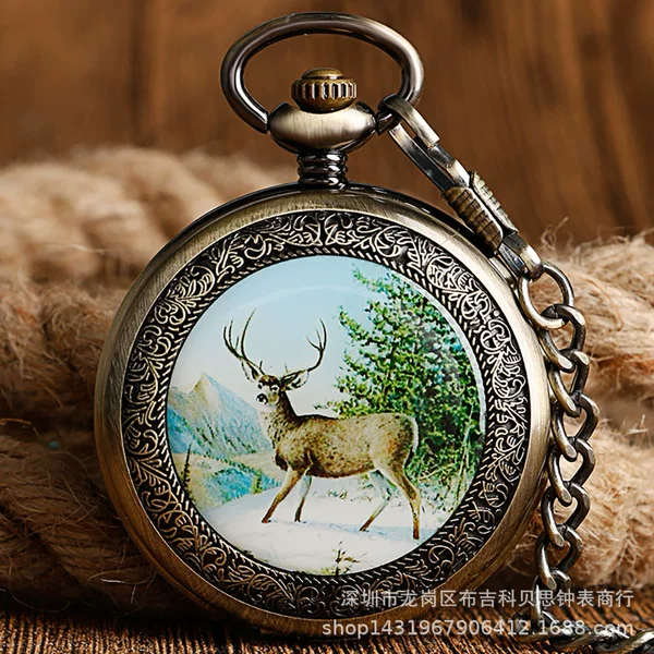 New Mechanical Watch Hot Sale Cute Forest Deer Pattern Manual Mechanical Large Pocket Watch Retro Men's and Women's Gift Watch