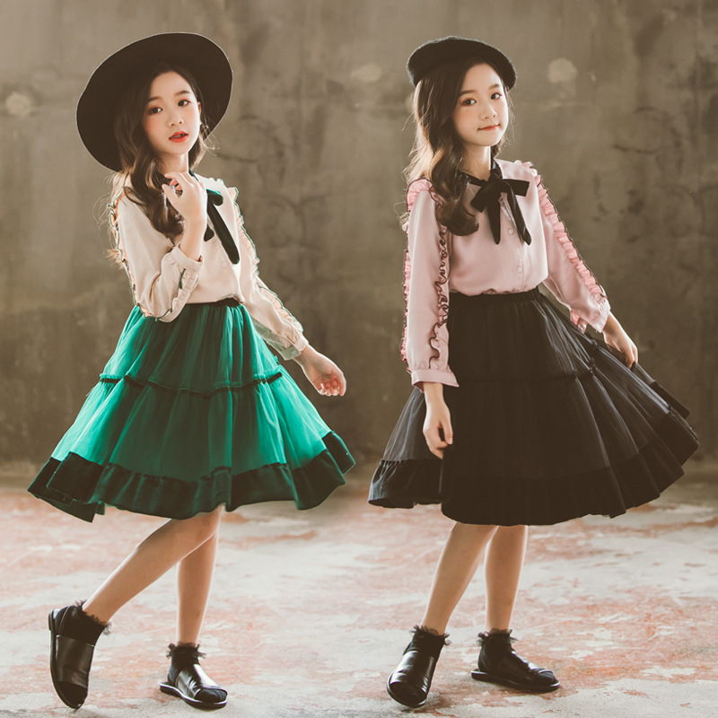 2024春季新款女童套裙韩版休闲儿童木耳边衬衫裙套装童装春季服装