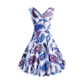 亚马逊ebay跨境女装货源 2023年夏新款双V时尚性感印花连衣裙 102