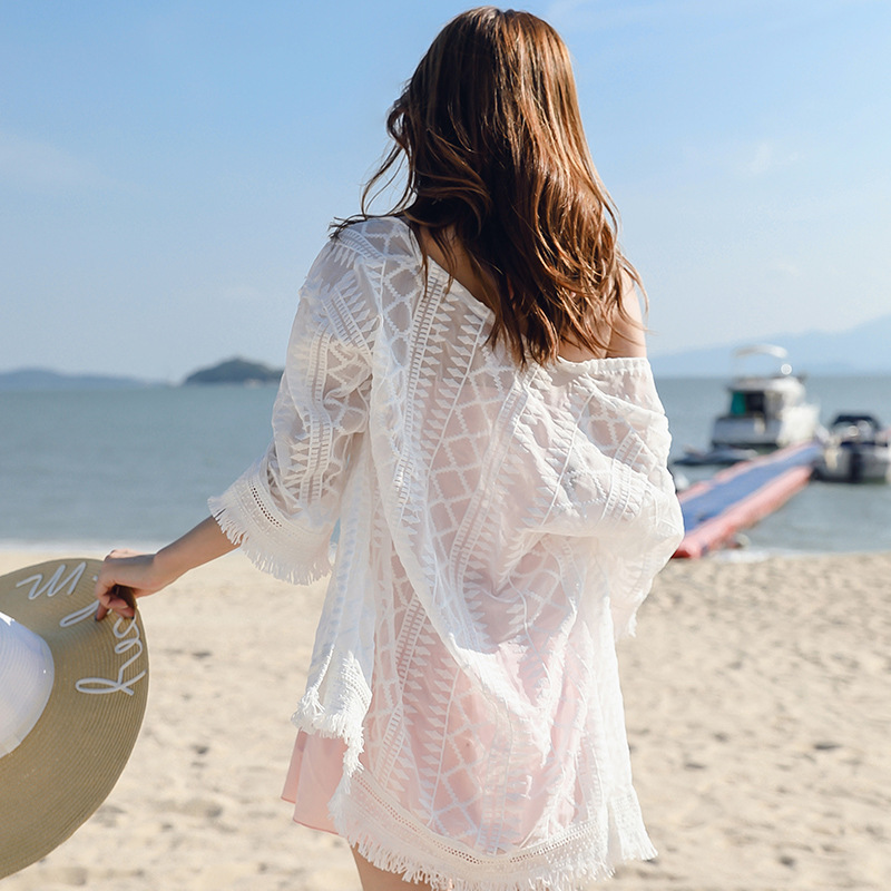 Lace Chiffon Shirt Tassel Cardigan Outward Vacation Ethnic Style Bohemian Beach Sun-protective Clothing for Women