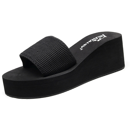 Summer sandals for women, black outer wear, mid-heeled flip-flops, new anti-slip slope heel, thick-soled seaside vacation beach shoes