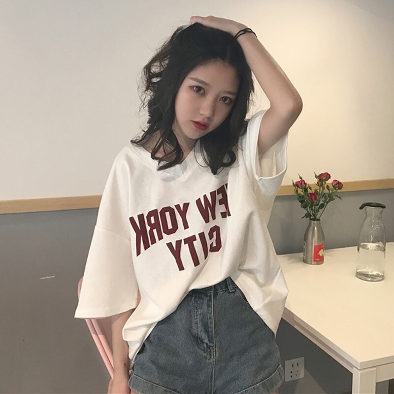2025 Summer V Neck New Casual Tops Short-Sleeved Student T-Shirts Plus Size Women's Printed Korean Style Trendy One-Piece Spread