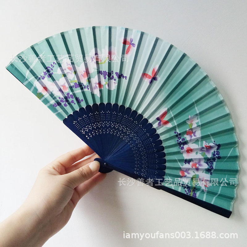 Hay en stock estilo japonés y ventilador dos mariposa verde flor de cerezo ventilador de danza apoyos ventilador tranquilo lenguaje de la flor