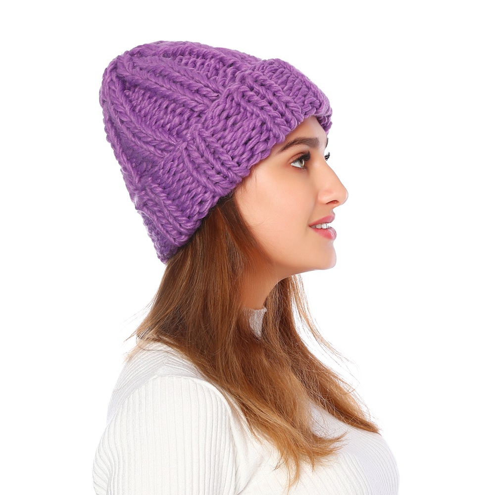 欧美款针织帽女士冬季纯色简约粗毛线帽亚马逊外贸保暖护耳帽子