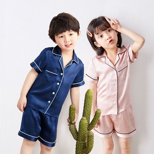 Butterfly embroidery 19 Mumi children's silk pajamas set 100% mulberry silk boys and girls short-sleeved shorts home clothes