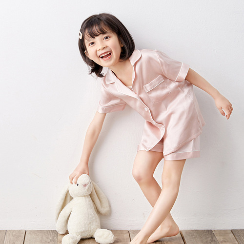 Butterfly embroidery 19 Mumi children's silk pajamas set 100% mulberry silk boys and girls short-sleeved shorts home clothes