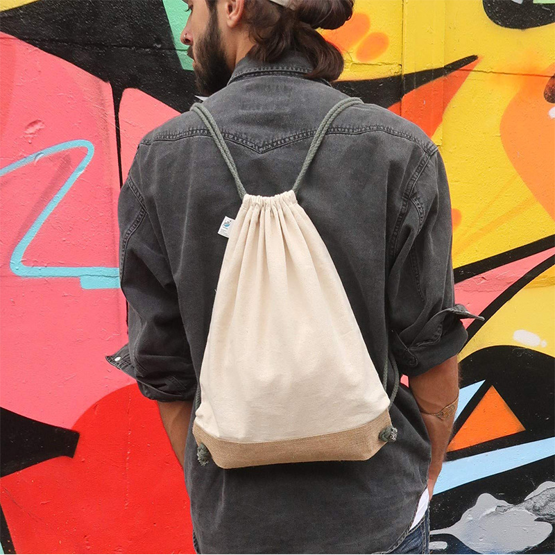 便捷双肩黄麻布束口袋定做帆布抽绳袋户外旅行简洁收纳袋订做logo