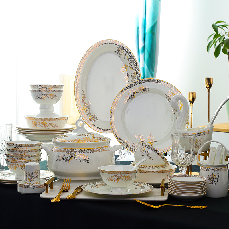 Jingdezhen Ceramic Tableware Set Swan Lake 28/56 Pieces Bone China Bowls and Plates Custom Logo Wholesale Simple Style Jingdezhen Ceramic Tableware Set Swan Lake 28/56 Pieces Bone China Bowls and Plates Custom Logo Wholesale Simple Style
