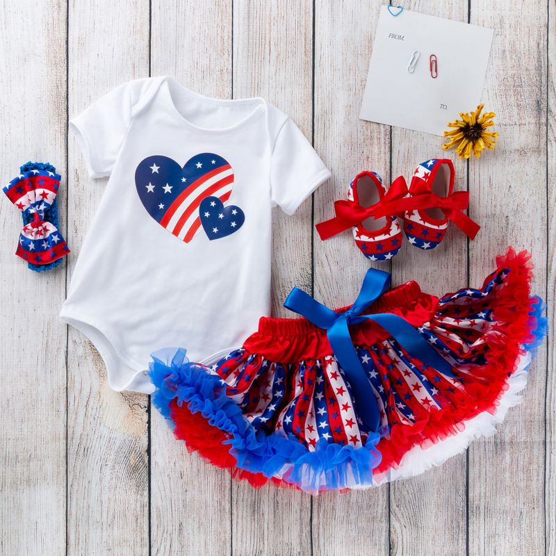 Cross-Border Foreign Trade Children's Clothing Hot-Selling Independent Baby Set White Cartoon Short-Sleeve Romper Star Tutu Skirt