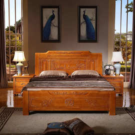 中式明清仿古实木床 1.8米双人床1.5米单人床 仿古雕花高箱储物床