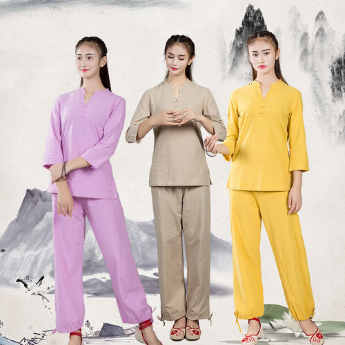 Fitness cotton and linen yoga outfit, monastic attire for meditation and sitting, power visualization Tai Chi outfit, tea ceremony outfit set, one-piece drop shipping