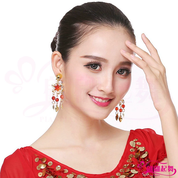 Dancing Ear Clips, Indian-Style Accessory with Gem, Dangling Floral Design, Pair