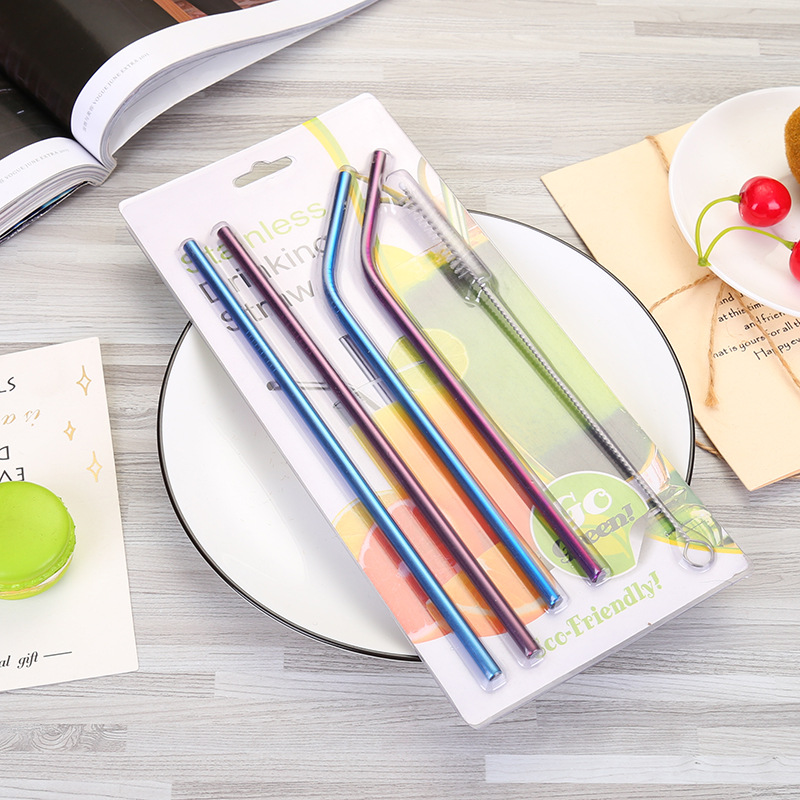 【Yigang】304 Stainless Steel Coffee Milk Tea Straw 316 Stainless Steel Straw Colored Card Packaging Set