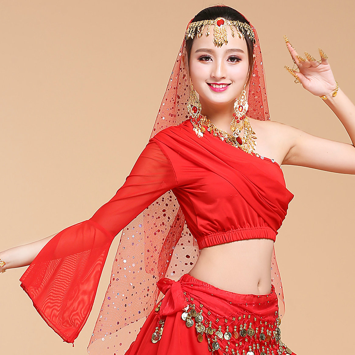 New Indian dance performance costume for women, Xinjiang ethnic style belly dance one-shoulder long-sleeved top