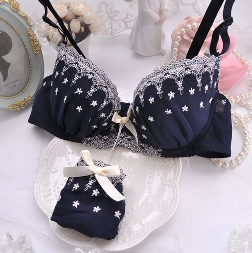 Japanese three-color chiffon embroidered thin cup girl cute push-up sexy underwear set bra set with DE code