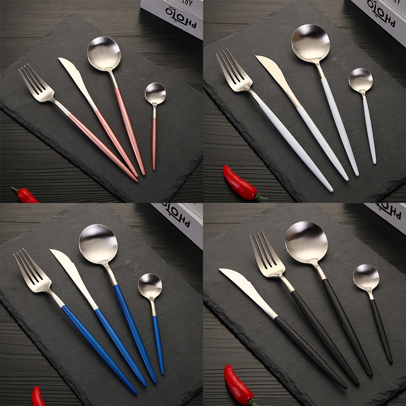 Portugués ins Internet celebridad vajilla occidental 304 vajilla de acero inoxidable Chapado en titanio principal cuchara principal tenedor filete cuchillo postre