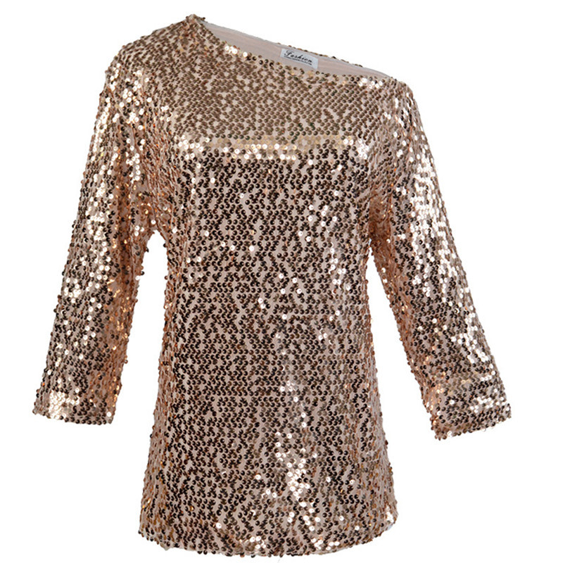 Women's One Shoulder Sequin Top, Short Sleeve Sparkly Party Blouse_voghion.com