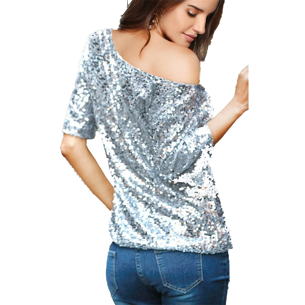 Women's One Shoulder Sequin Top, Short Sleeve Sparkly Party Blouse_voghion.com