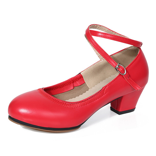  Spring and Summer Square Dance Shoes Women's Red Soft Sole Dance Shoes Mid-Heel Teacher Performance Dance Practice Ballroom Dance Shoes
