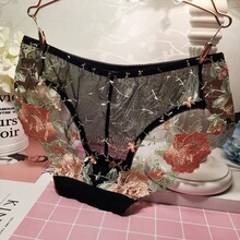 刺绣内裤女士蕾丝绣花低腰火辣超薄网纱性感低腰三角裤棉档