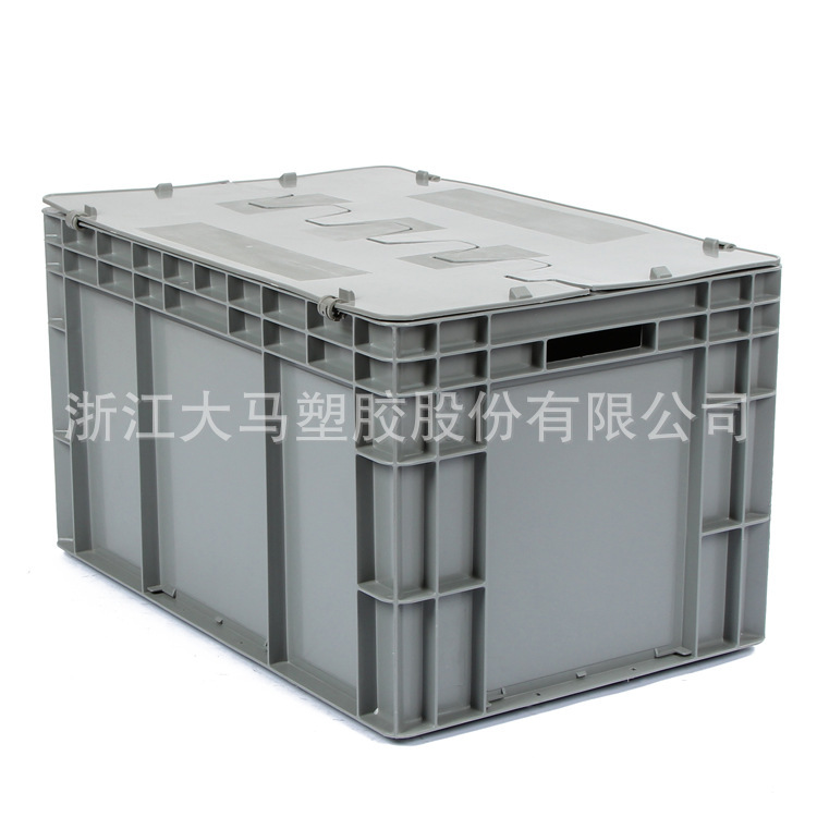 荐 斜插式带翻盖蓝灰双色周转箱 加厚塑料欧标4633物流运输箱